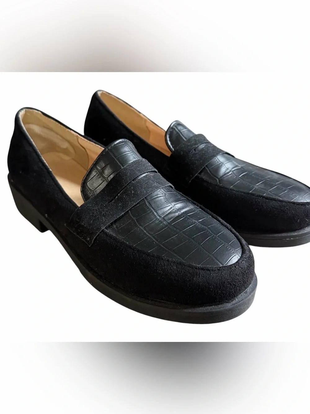 Black Faux Suede Croc Embossed Penny Loafers Slip-On Shoes Women’s Sz 9 (Estimat